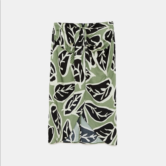 Zara Green Leaf Print Midi Skirt Pencil Faux Wrap High Waist XS - Picture 2 of 6